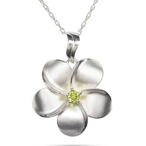 Hawaiian Sterling Silver Satin Plumeria Pendant 28mm with Peridot Stone -